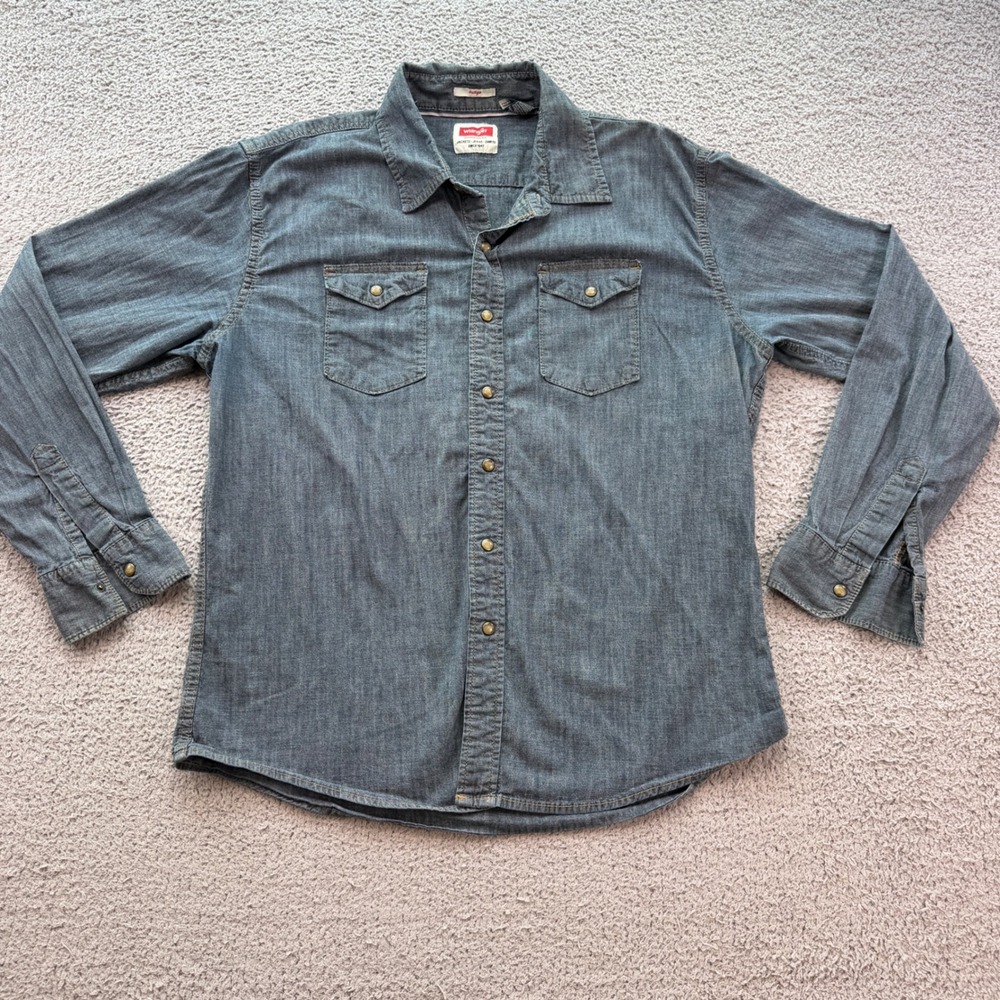 Wrangler Men XL Indigo Blue Stretch Cotton Western Snap Front Shirt JWD6OWN